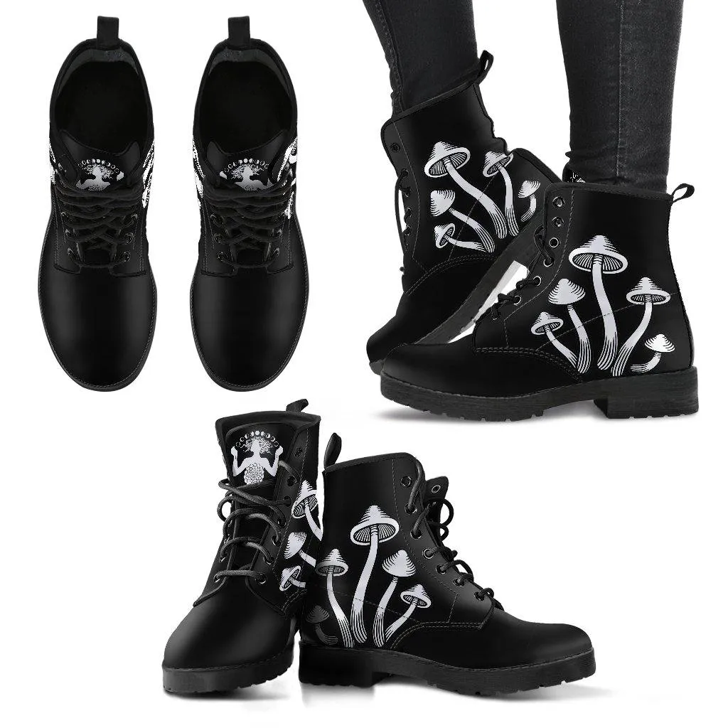 B&W Mushroom  Memory Foam Boots | All Season Lace Up Boots | Vegan Leather Combat Boot by Manifestie