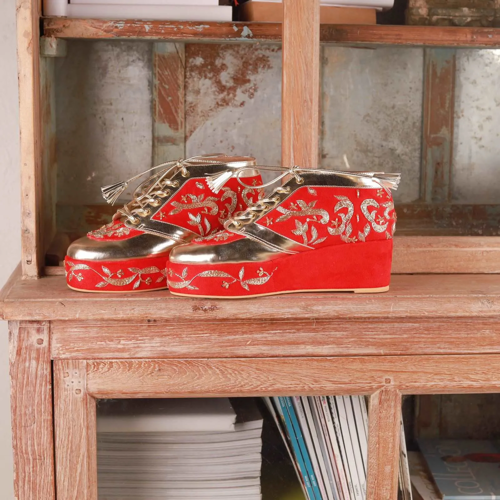 Begum (Gold Wedding sneakers Customised Red Shoes)