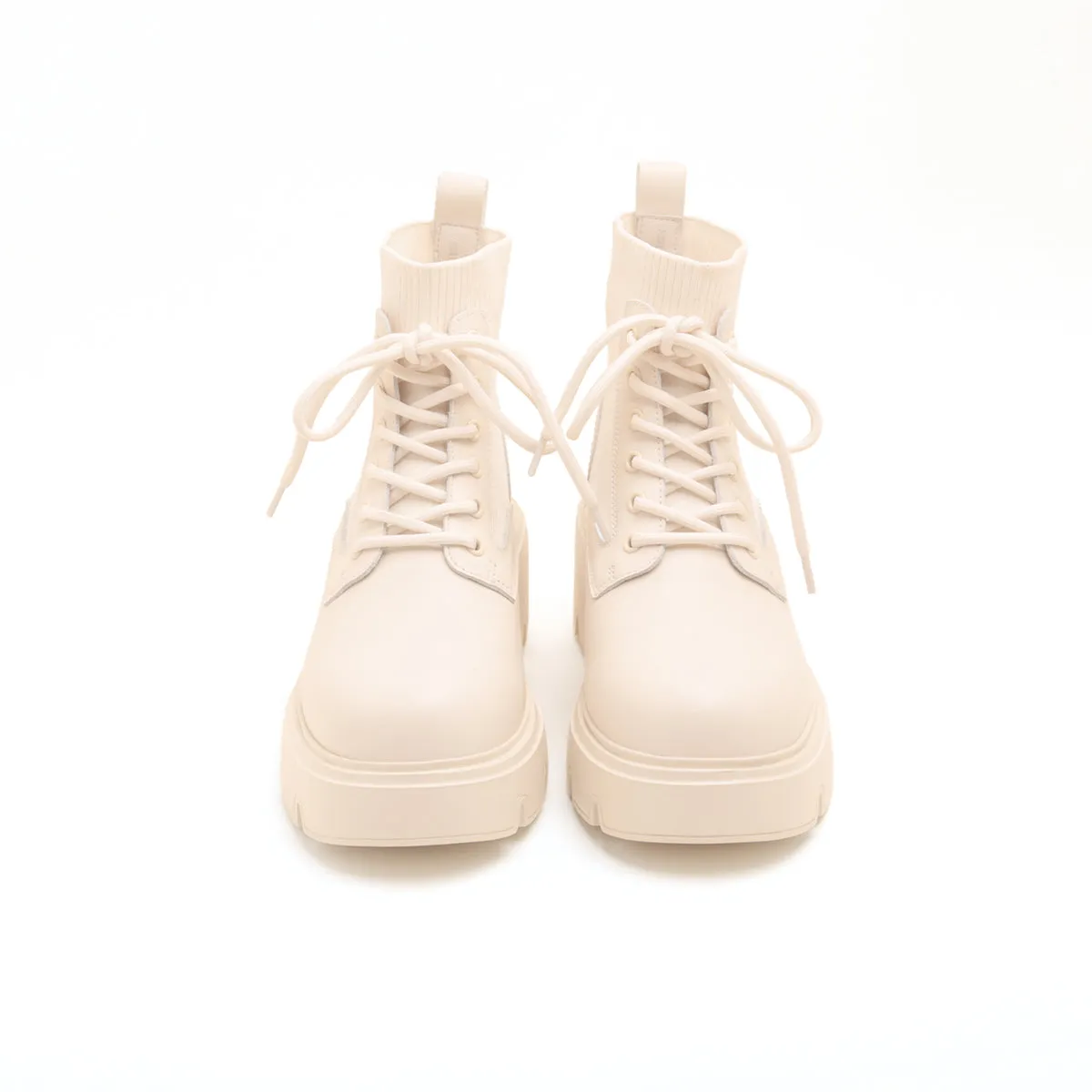 Beige Lace-Up Knitted Platform Combat Boots