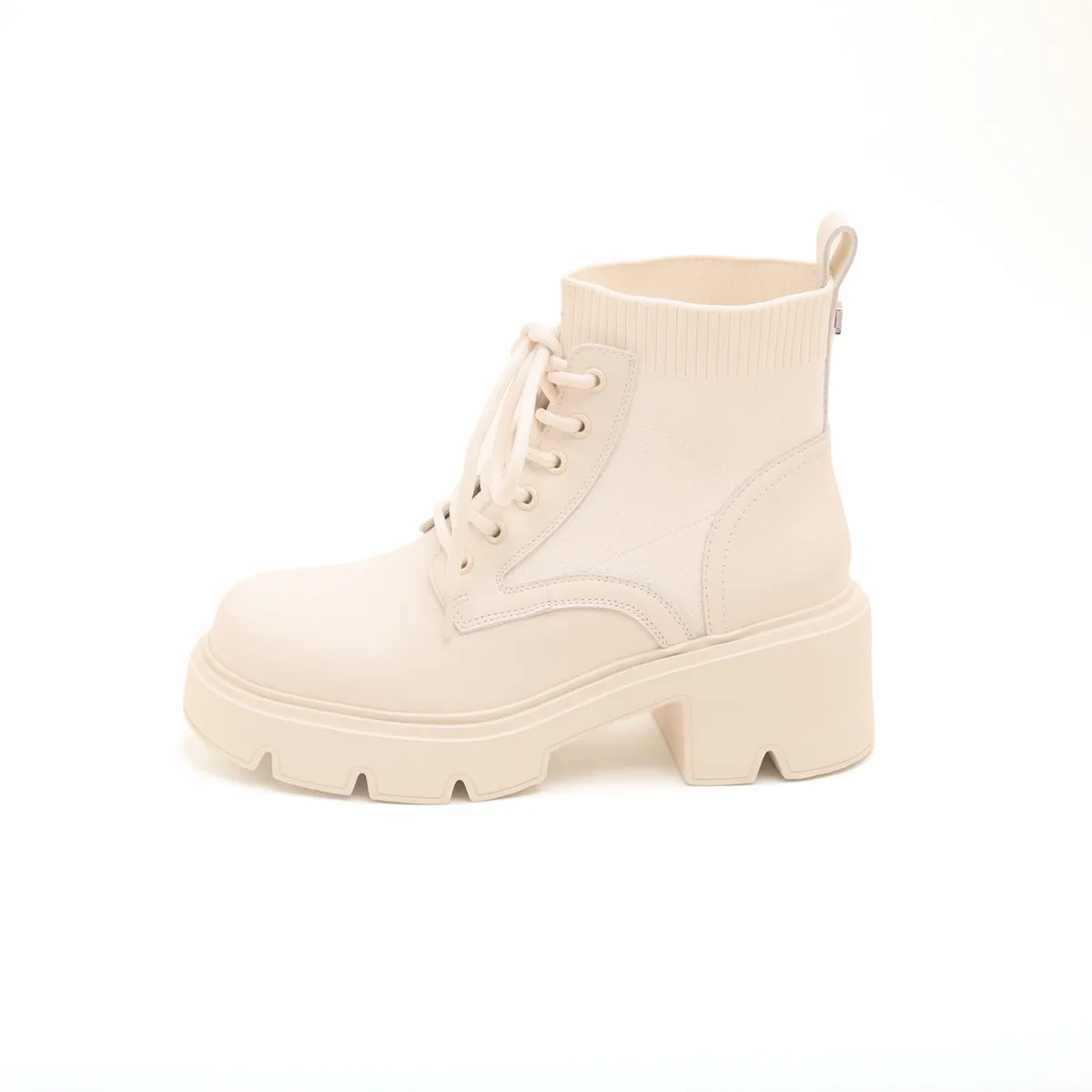 Beige Lace-Up Knitted Platform Combat Boots