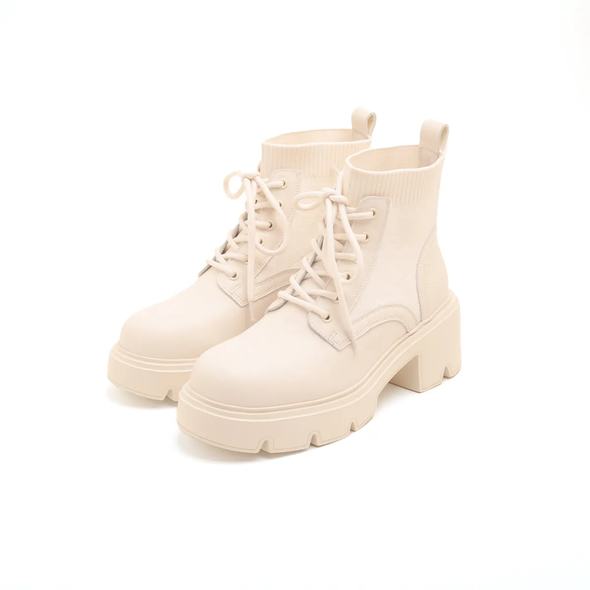Beige Lace-Up Knitted Platform Combat Boots
