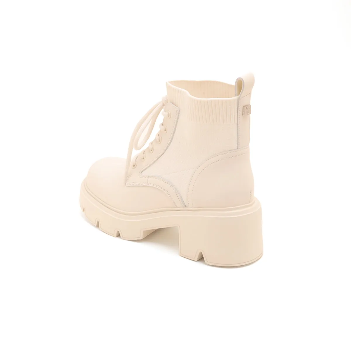 Beige Lace-Up Knitted Platform Combat Boots