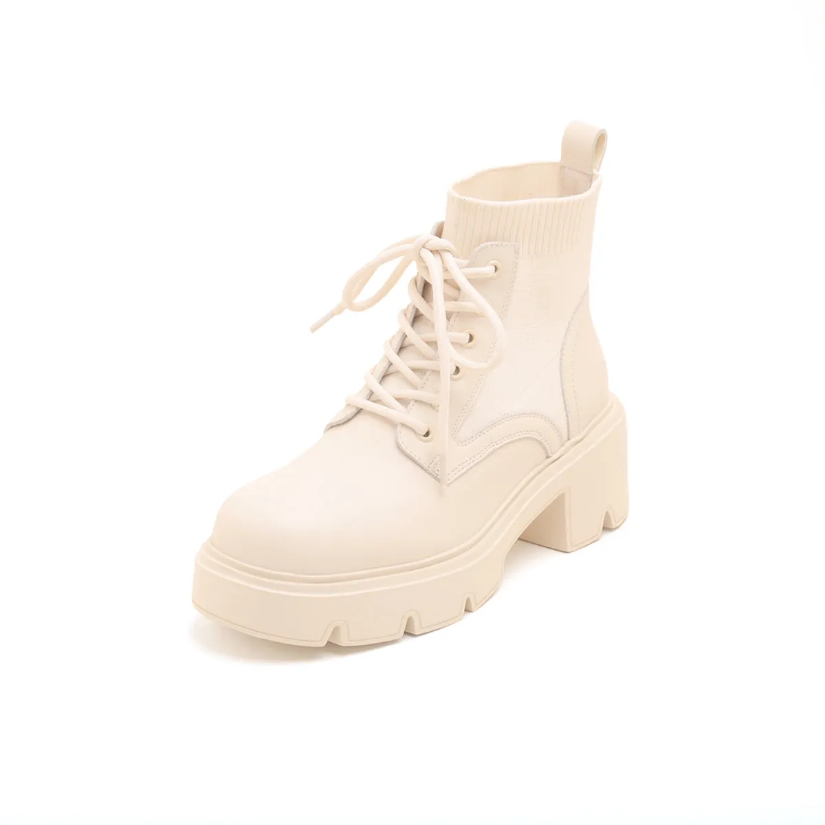 Beige Lace-Up Knitted Platform Combat Boots