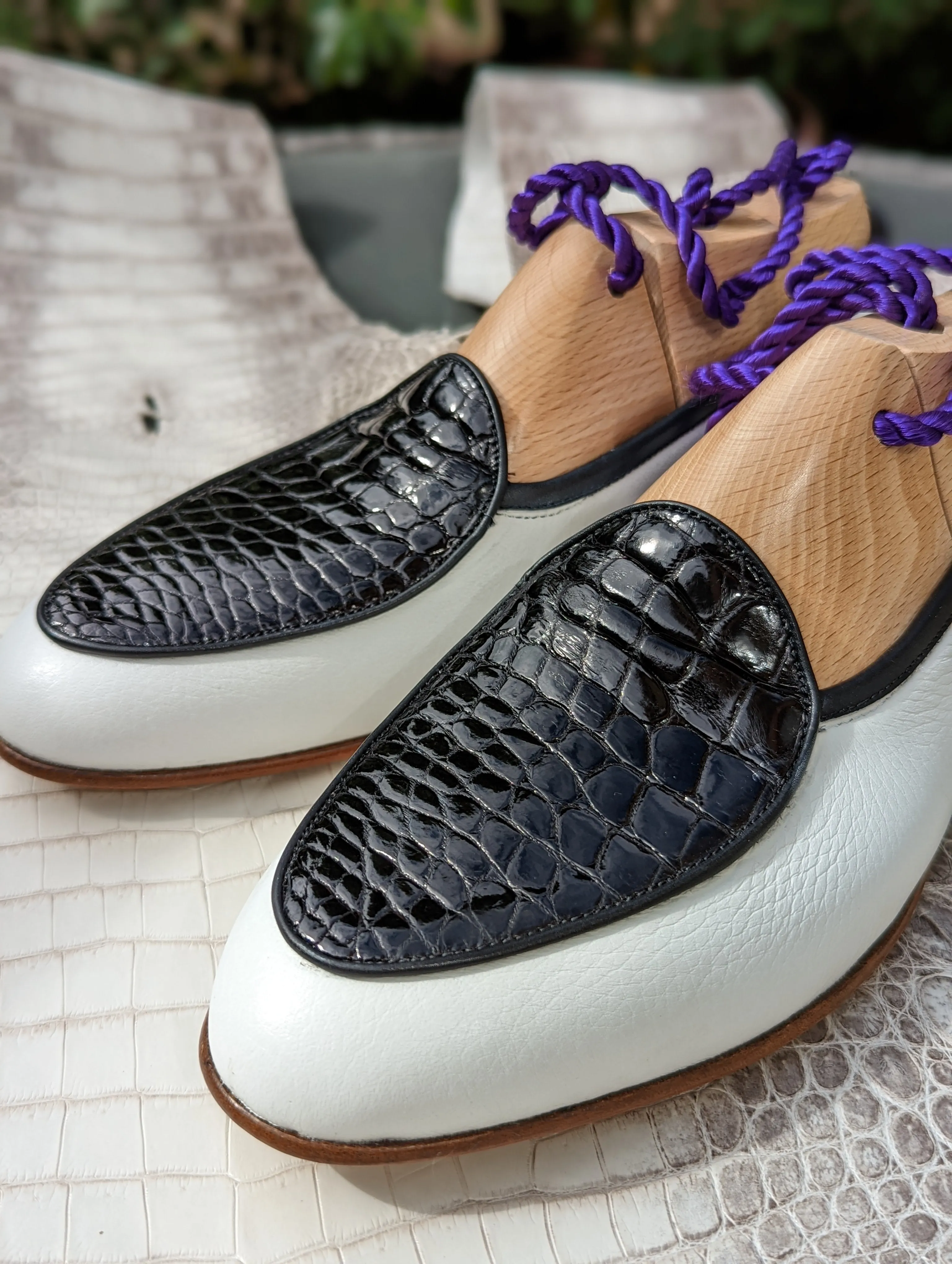 Belgian Loafer - Black crocodile & White Deer