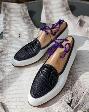 Belgian Loafer - Black crocodile & White Deer