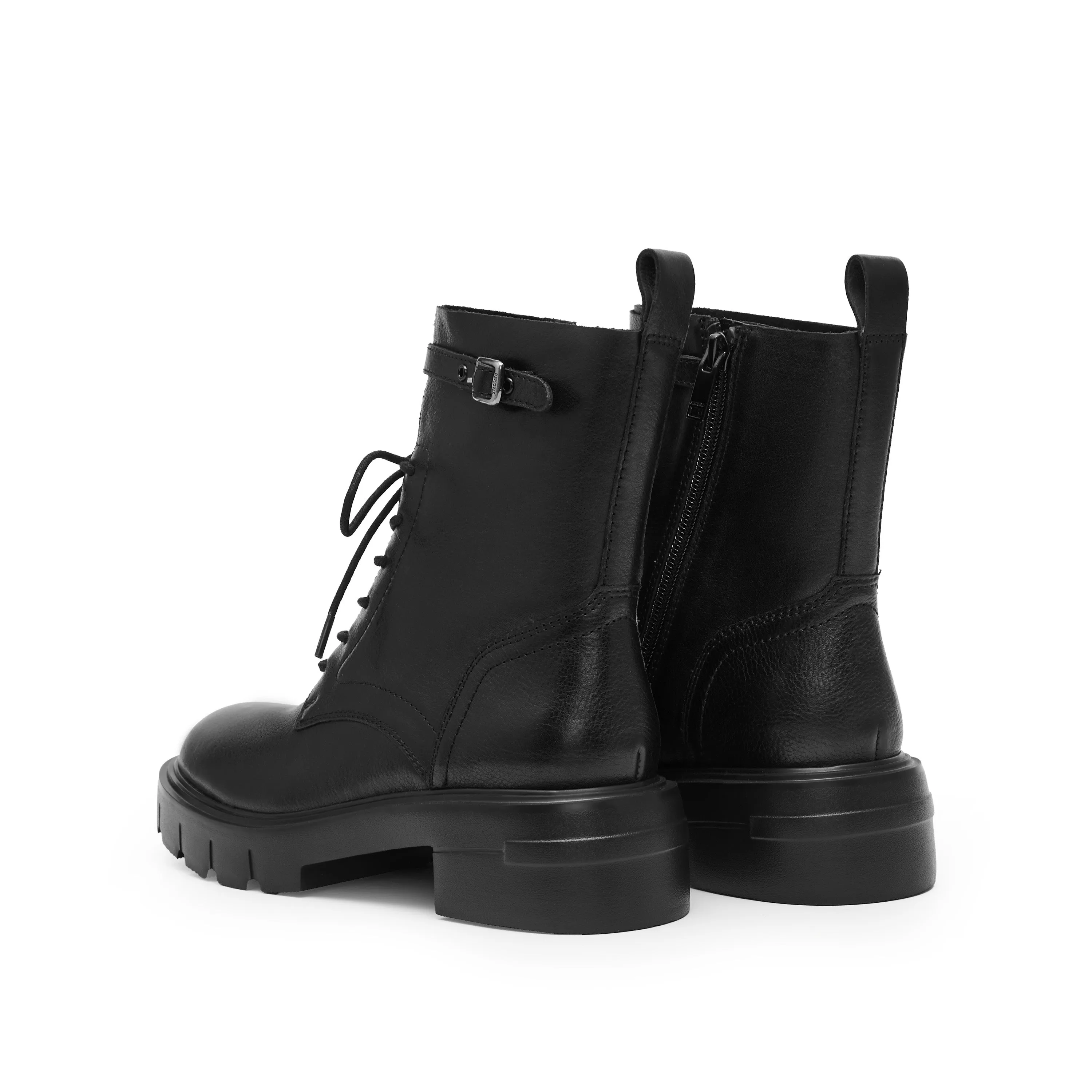 Black Buckle Strap Lace Up Chunky Combat Boots