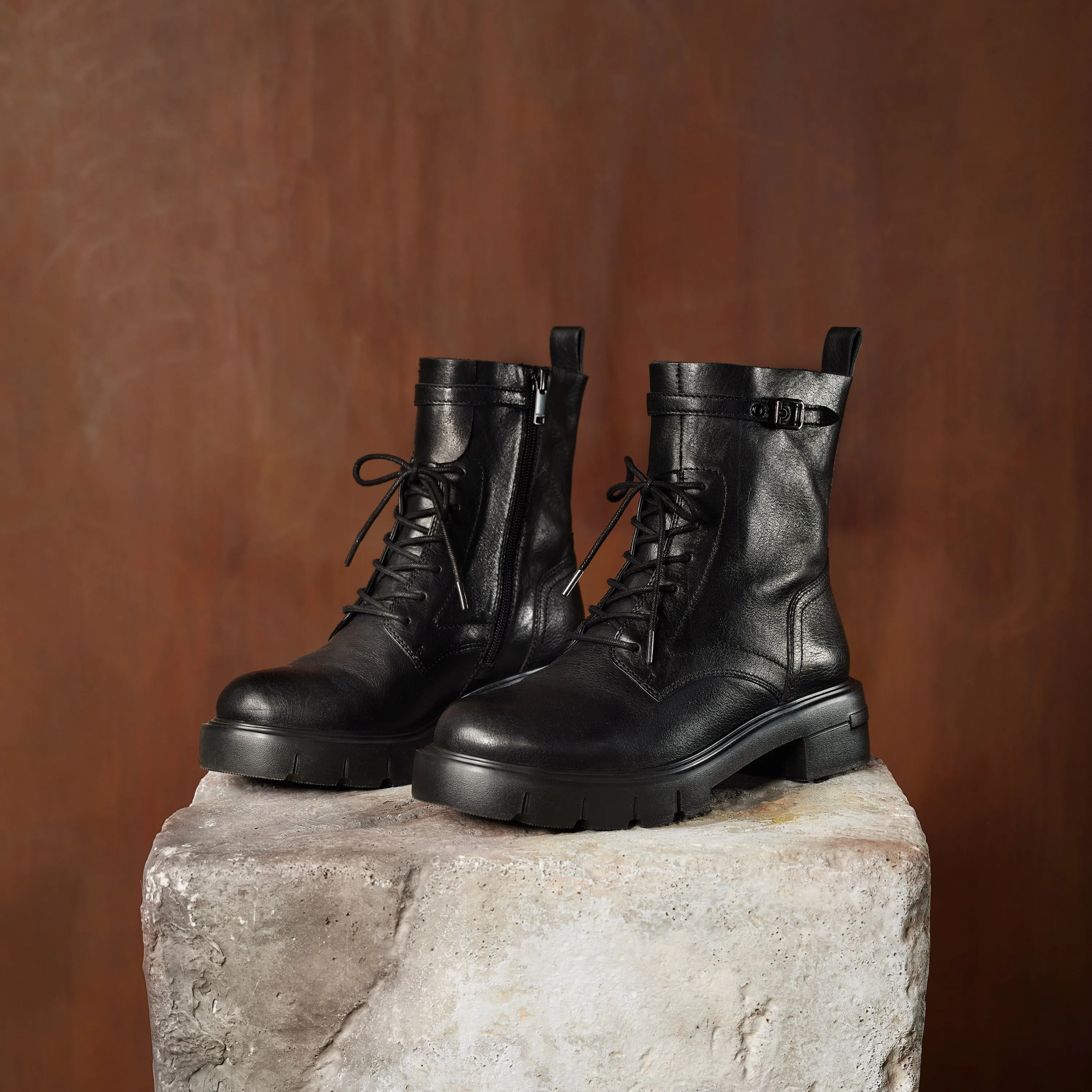 Black Buckle Strap Lace Up Chunky Combat Boots