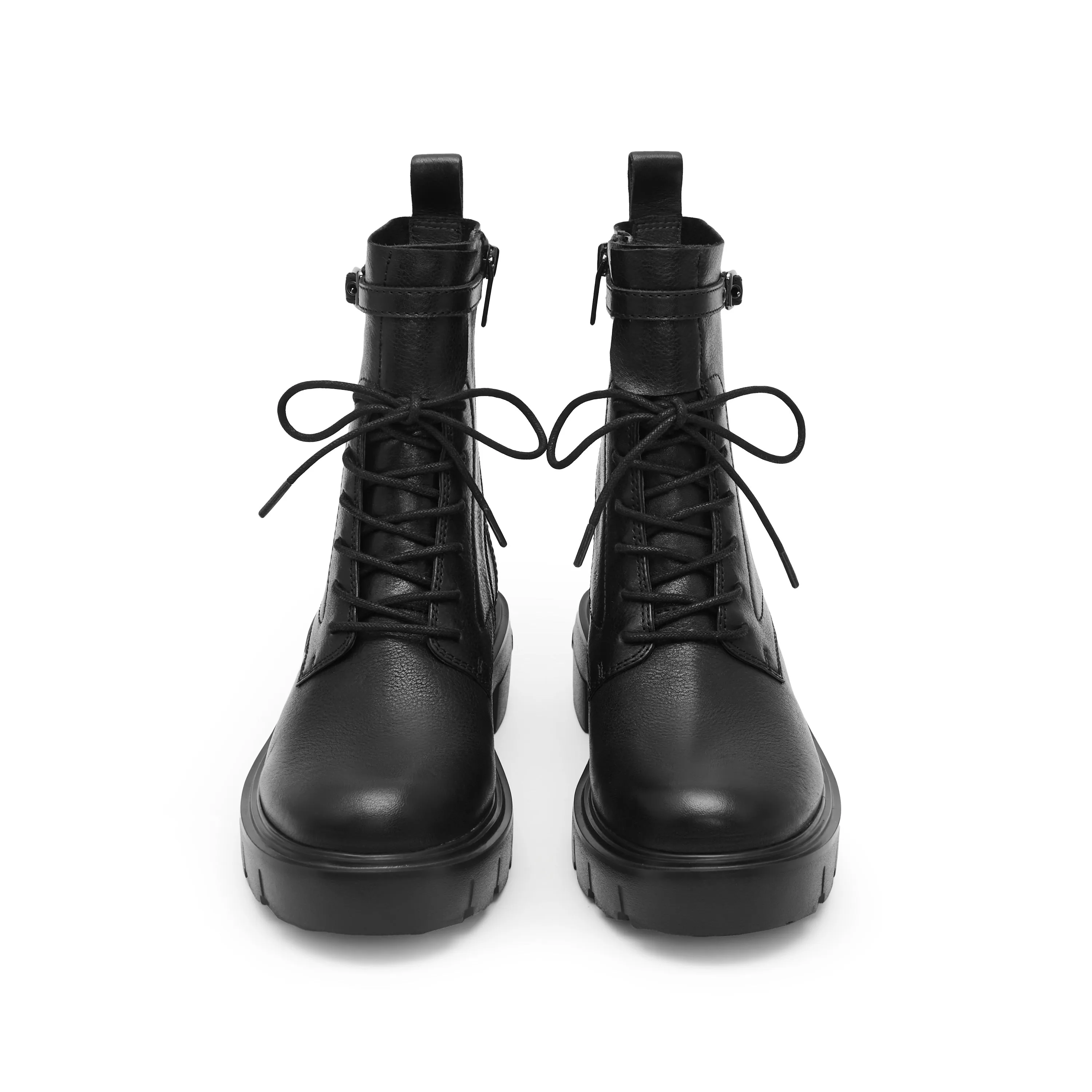 Black Buckle Strap Lace Up Chunky Combat Boots