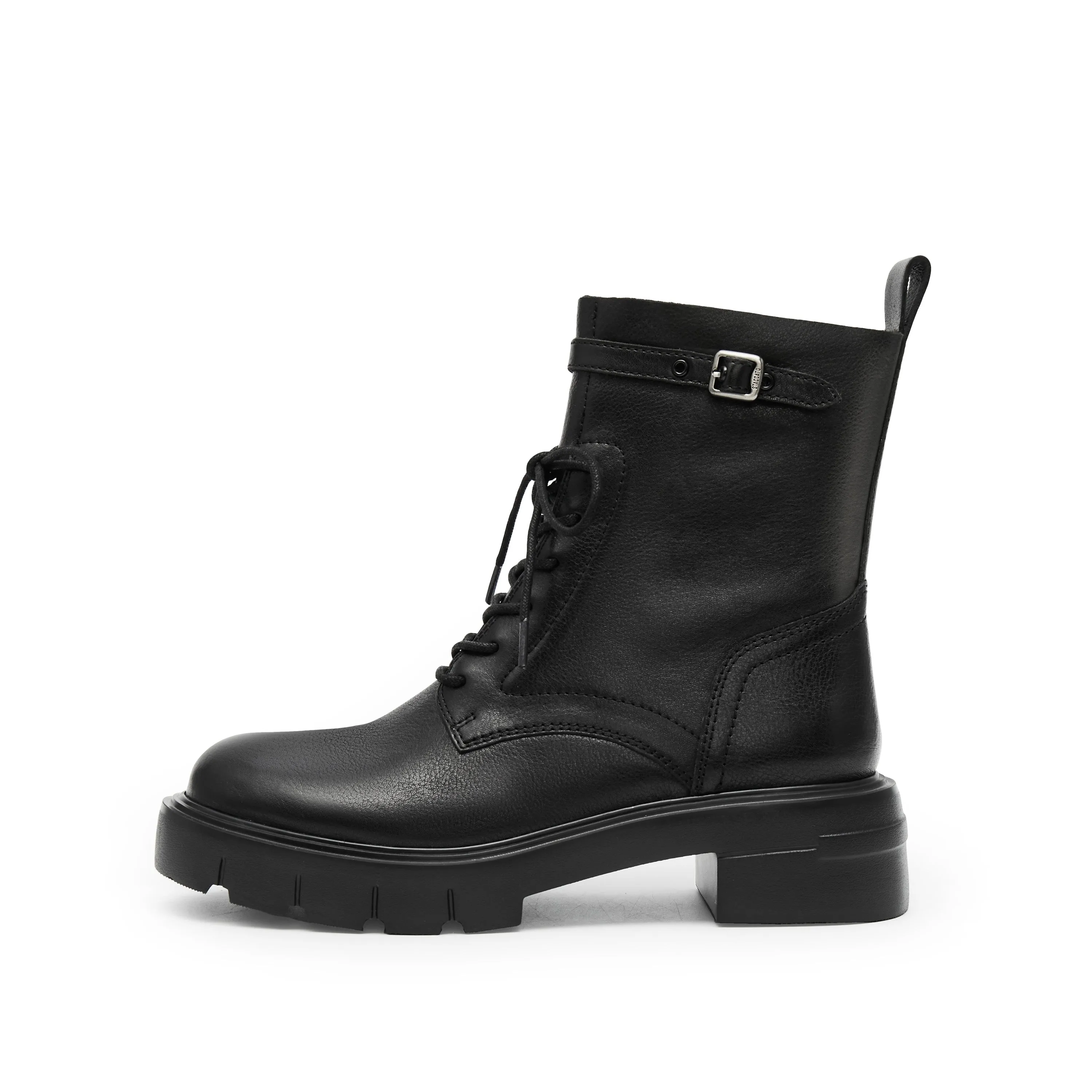 Black Buckle Strap Lace Up Chunky Combat Boots