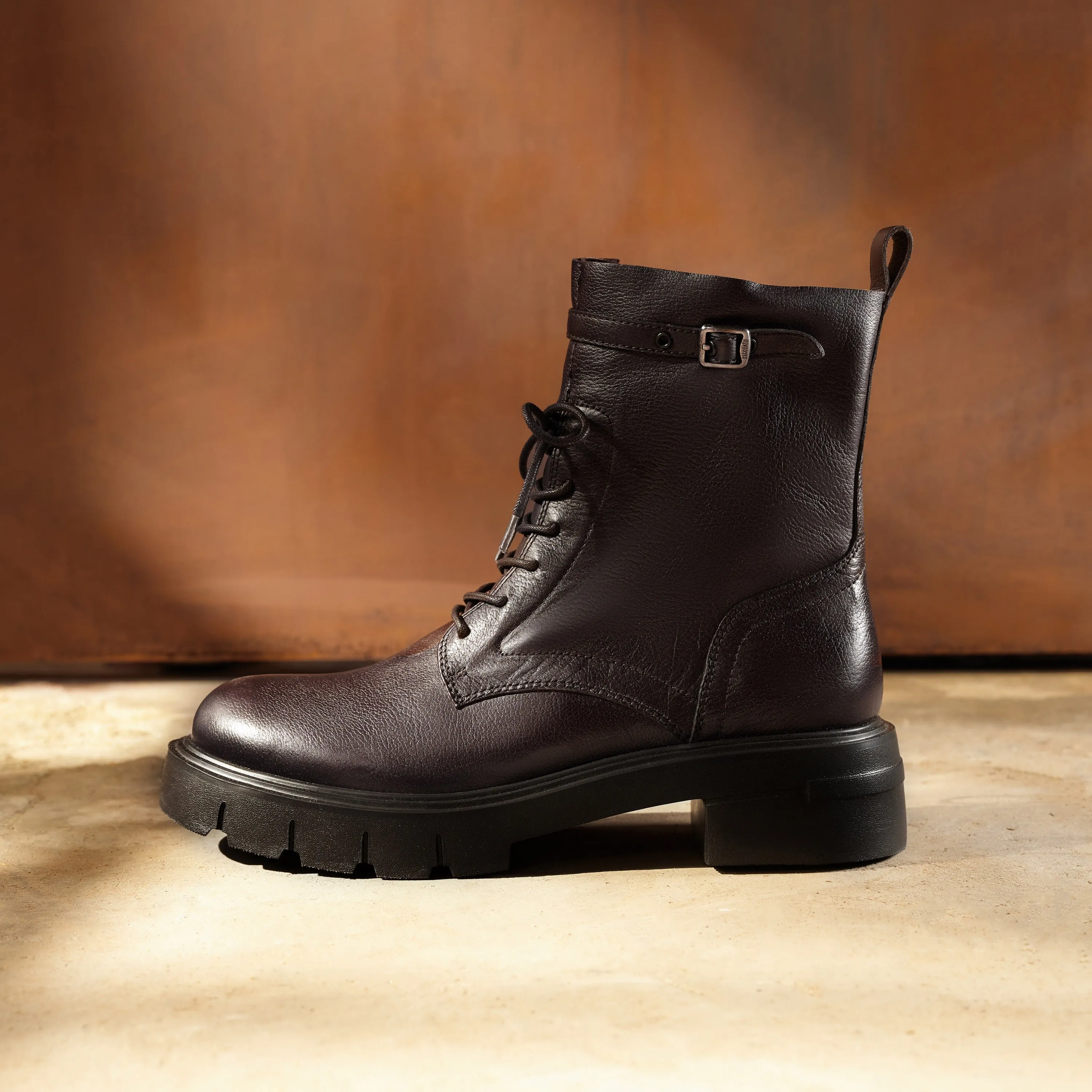 Black Buckle Strap Lace Up Chunky Combat Boots