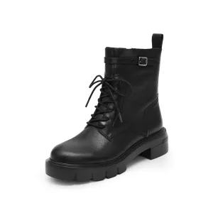 Black Buckle Strap Lace Up Chunky Combat Boots