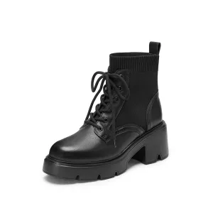 Black Lace-Up Knitted Platform Combat Boots