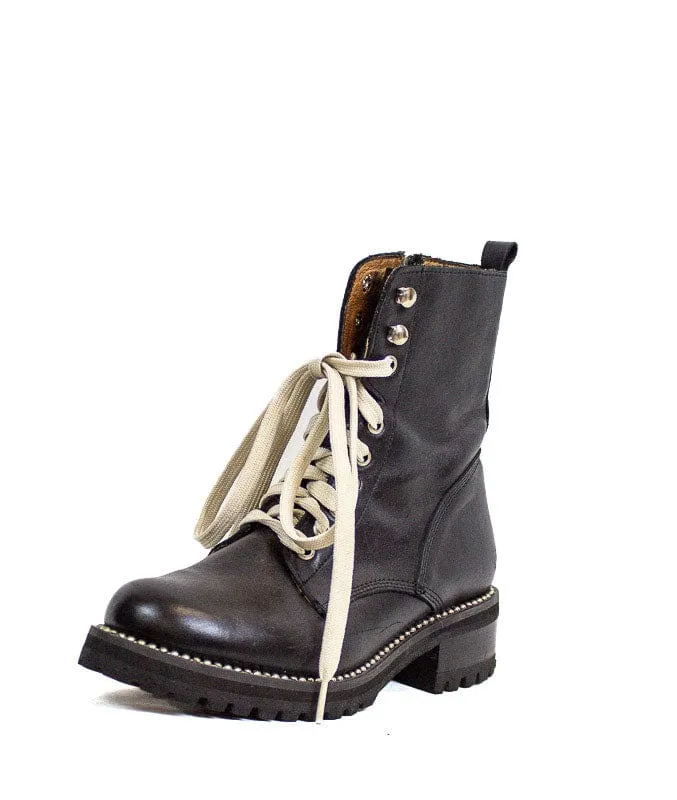 Black Leather Combat Boots with Contrast Laces