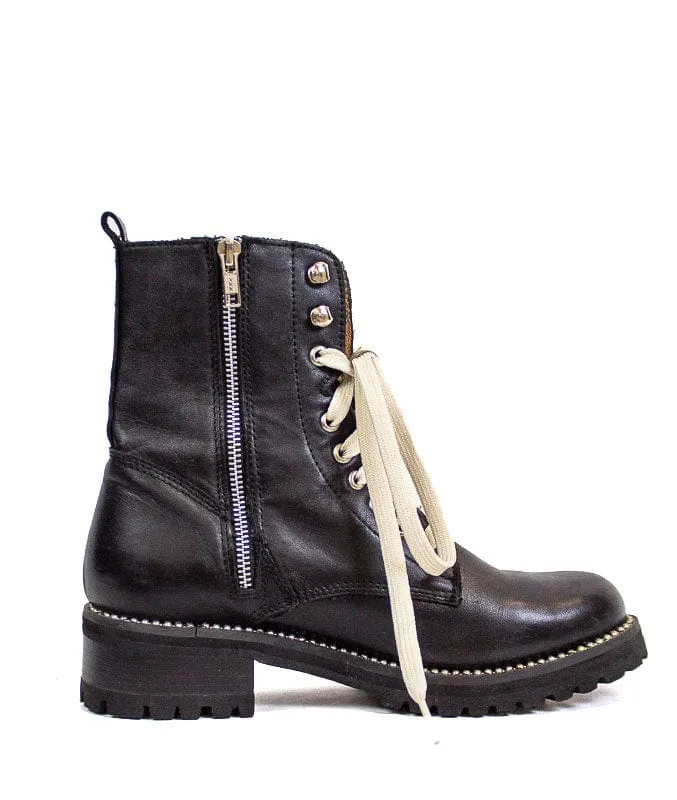 Black Leather Combat Boots with Contrast Laces