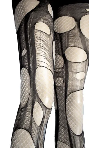Black n white tattered & torn fishnet tights