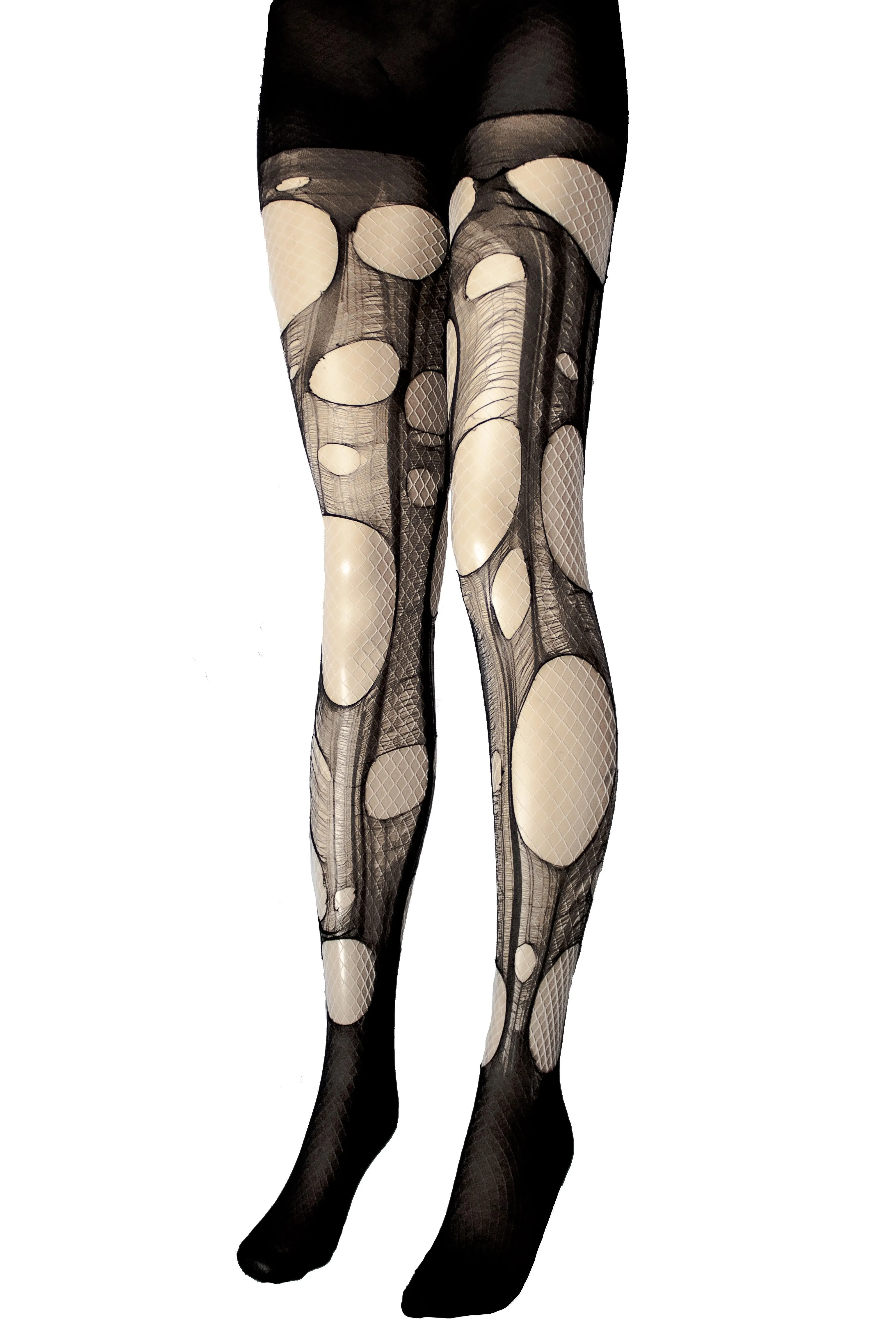 Black n white tattered & torn fishnet tights