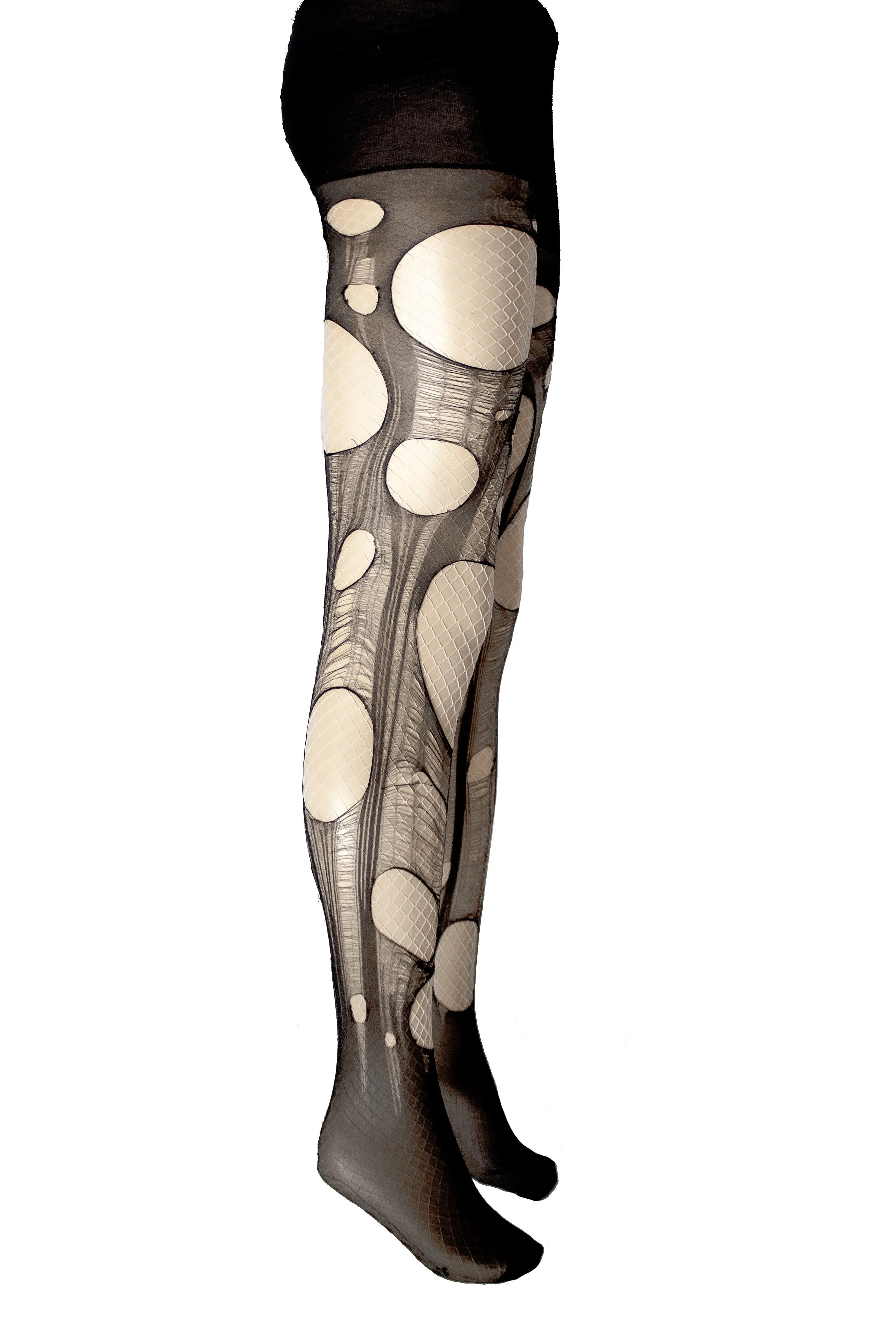 Black n white tattered & torn fishnet tights