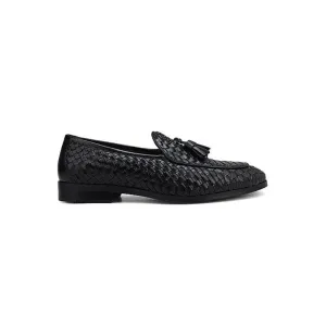 Black Woven Leather Loafers With Tassels