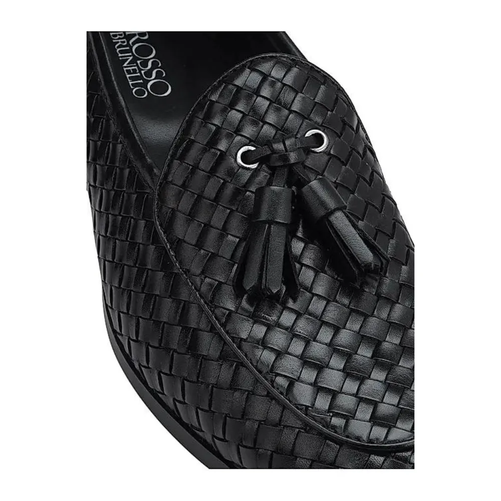 Black Woven Leather Loafers With Tassels