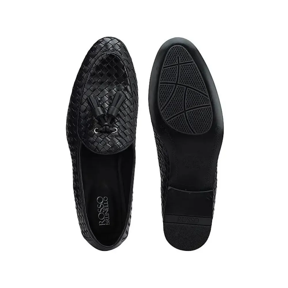 Black Woven Leather Loafers With Tassels