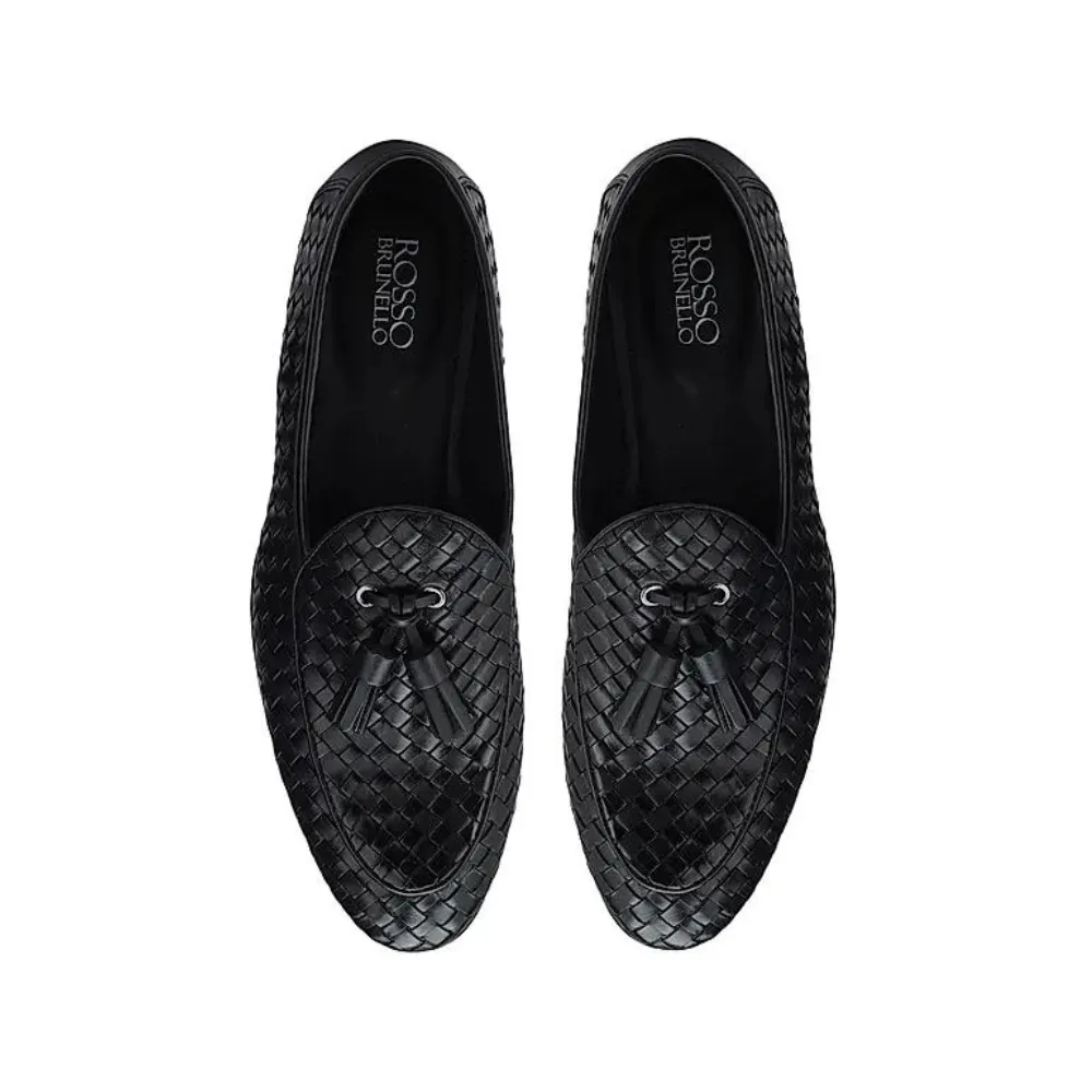 Black Woven Leather Loafers With Tassels