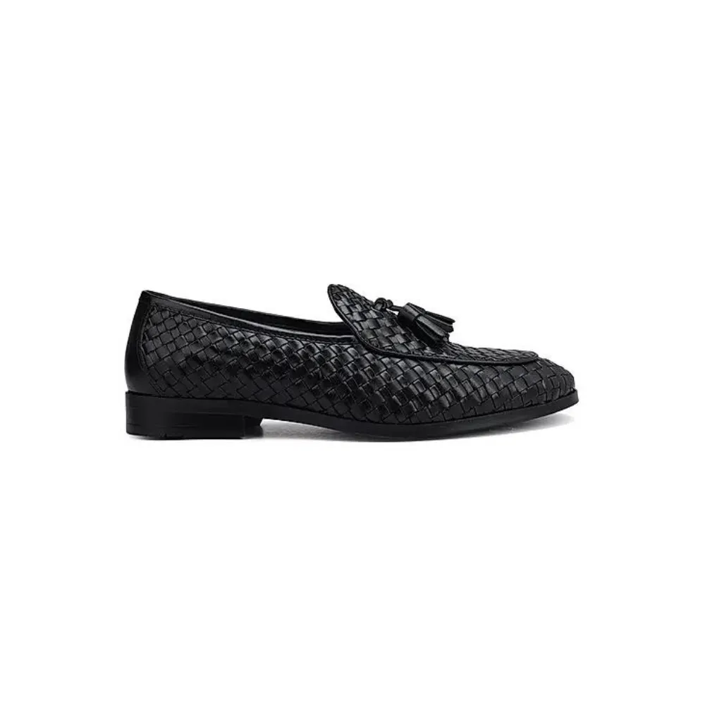 Black Woven Leather Loafers With Tassels