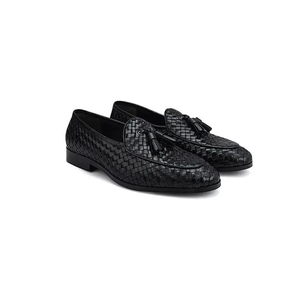Black Woven Leather Loafers With Tassels
