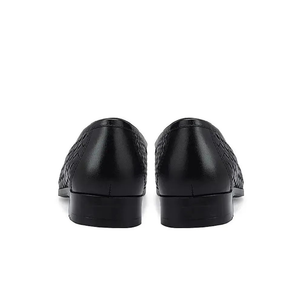 Black Woven Leather Loafers With Tassels