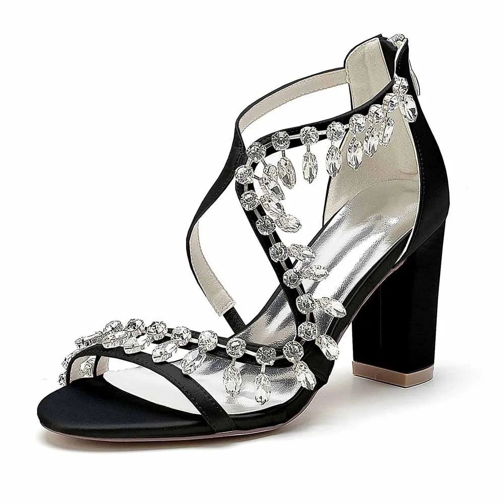 Bridal Rhinestones Heels X-Strap Chunky Sandals Prom Block Heel Shoes