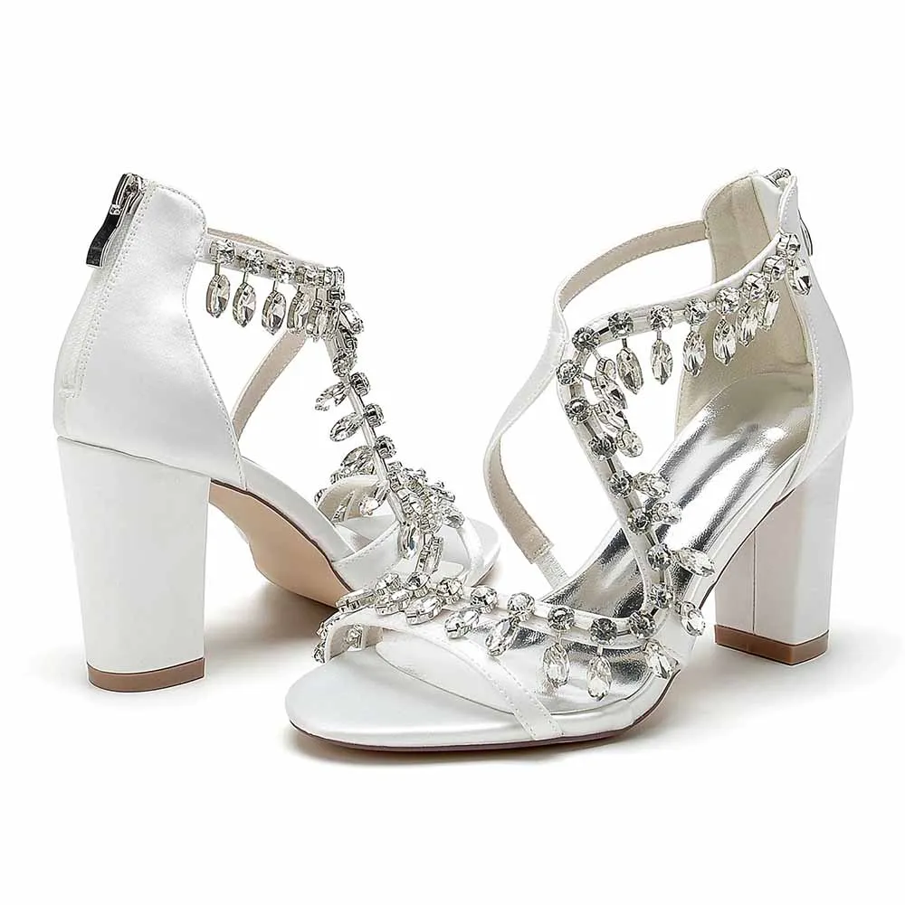 Bridal Rhinestones Heels X-Strap Chunky Sandals Prom Block Heel Shoes