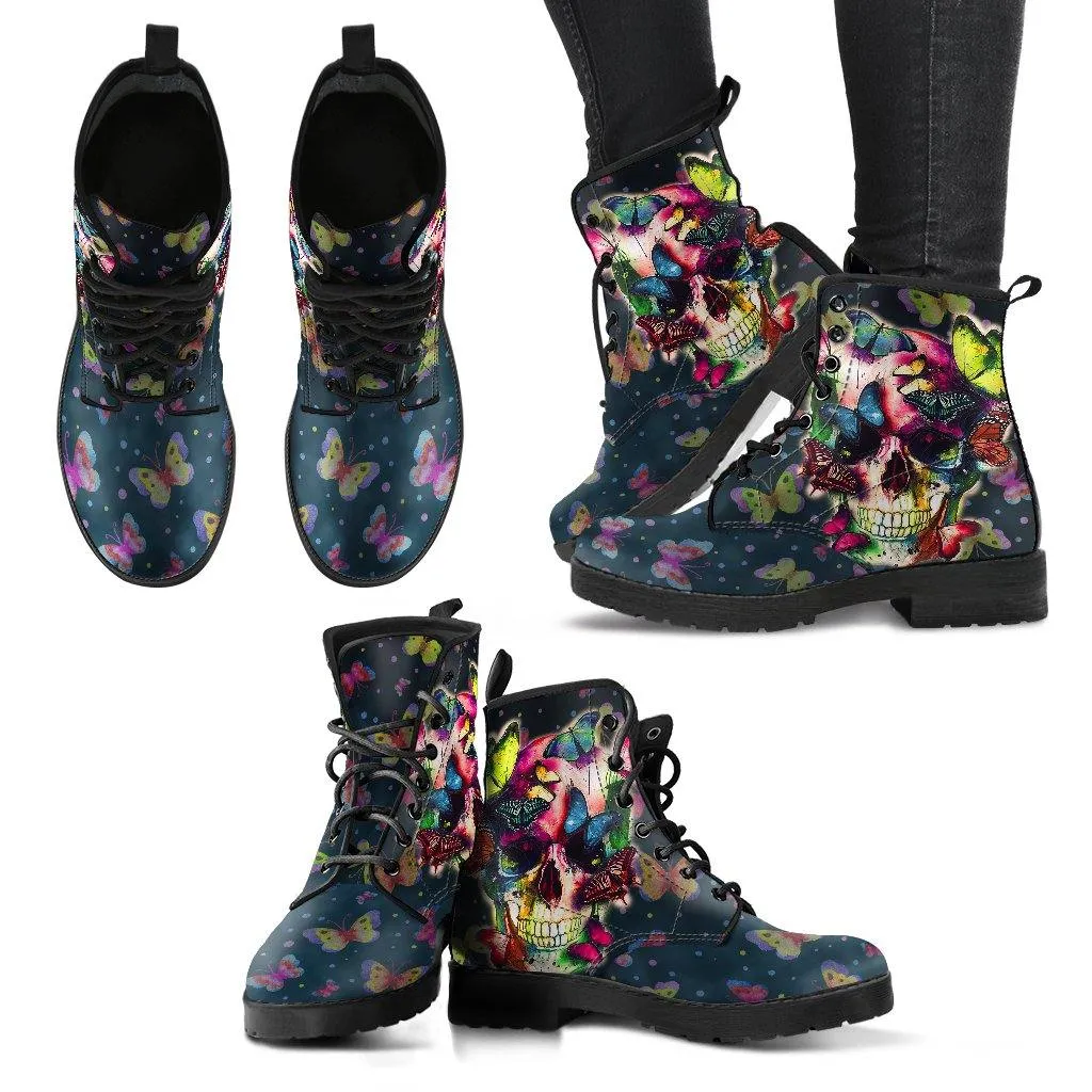 Butterfly Skull  Memory Foam Boots | All Season Lace Up Boots | Vegan Leather Combat Boot by Manifestie