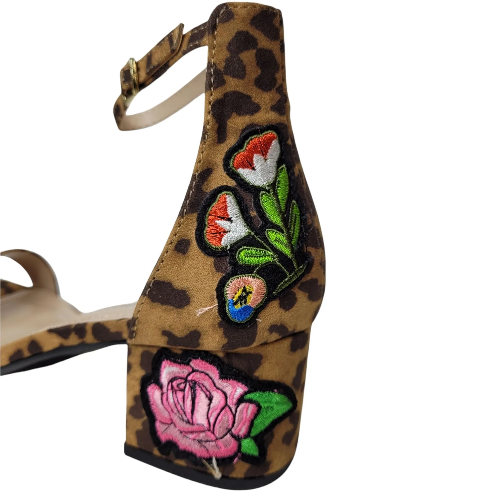 City Classified Women's Leopard Print Block Heel Floral Embroidered Sandals
