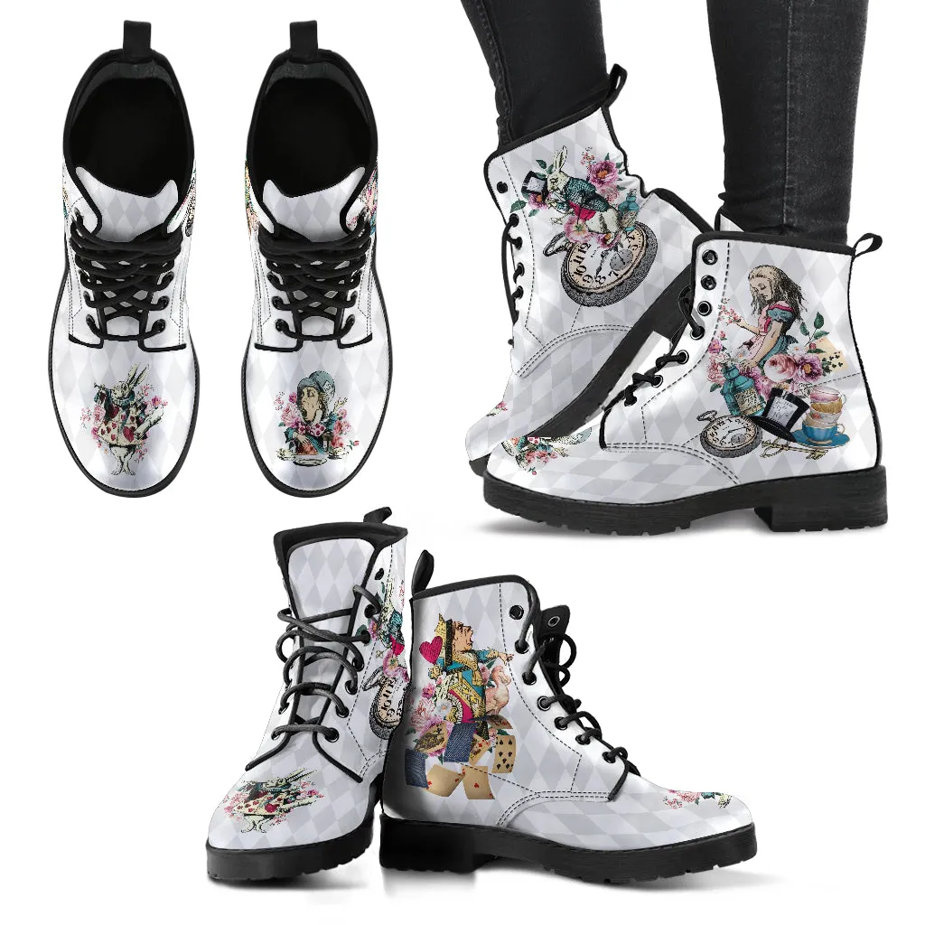 Combat Boots - Alice in Wonderland Gifts #41 Colorful Series | White Boots, Handmade Lace Up Boots, Women's Boots, Custom Shoes