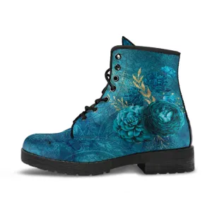 Combat Boots - Beautiful Flowers #110 Green | Cute Aesthetic Custom Shoes for Women, Wedding Bride Shoes, Vegan Leather 90s Boots