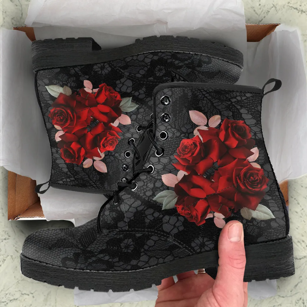 Combat Boots - Beautiful Red Roses #101 | Boho Shoes, Handmade Lace Up Boots, Vegan Leather Lace Up Boots Women