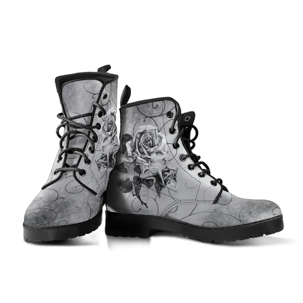 Combat Boots - Vintage Style Black & White Roses | Vegan Leather Lace Up Boots, Handmade Lace Up Boots, Women's Boots, Custom Shoes