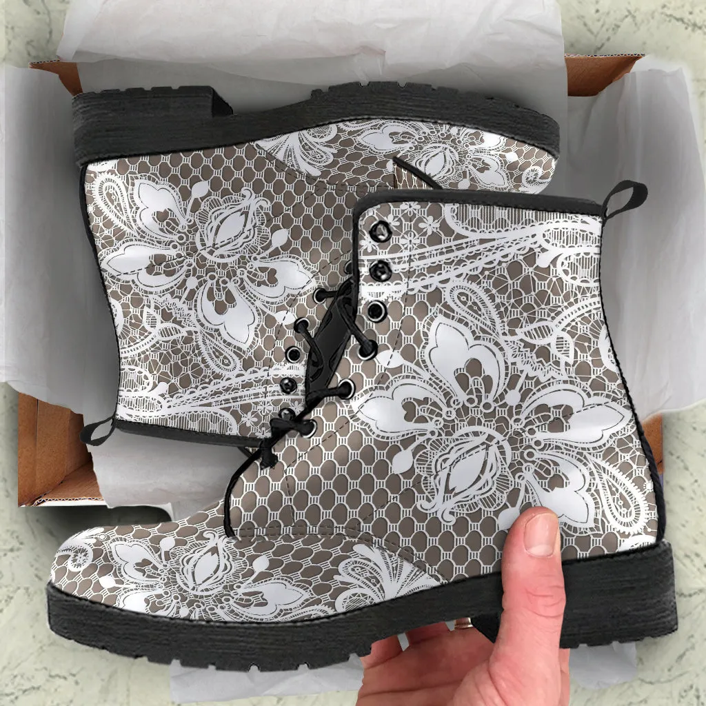 Combat Boots - White Lace Print #201 | Custom Shoes, Women's Boots, Vegan Leather Shoes, Hippie Boots, 90s Boots, Boho Shoes