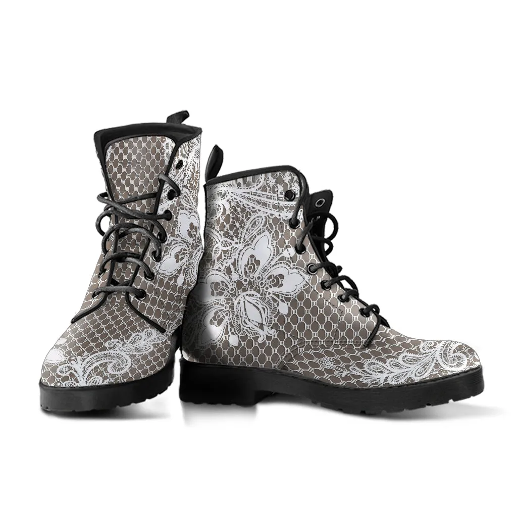 Combat Boots - White Lace Print #201 | Custom Shoes, Women's Boots, Vegan Leather Shoes, Hippie Boots, 90s Boots, Boho Shoes