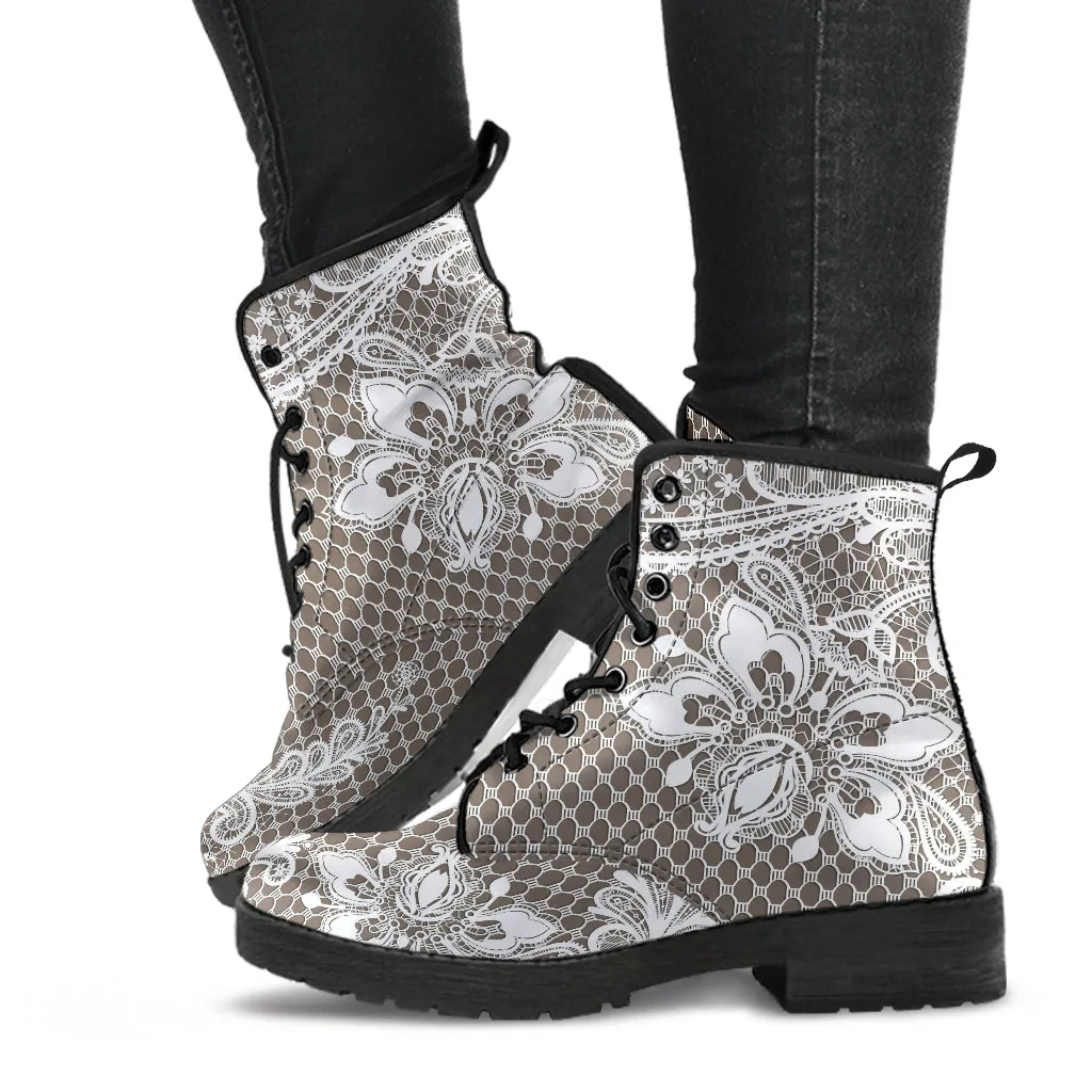 Combat Boots - White Lace Print #201 | Custom Shoes, Women's Boots, Vegan Leather Shoes, Hippie Boots, 90s Boots, Boho Shoes