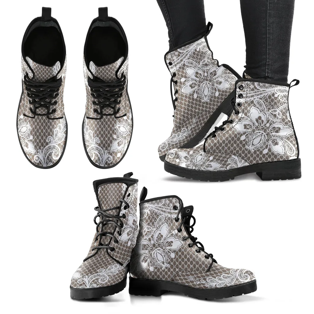 Combat Boots - White Lace Print #201 | Custom Shoes, Women's Boots, Vegan Leather Shoes, Hippie Boots, 90s Boots, Boho Shoes