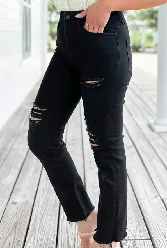 Distressed Cropped Black Jeans