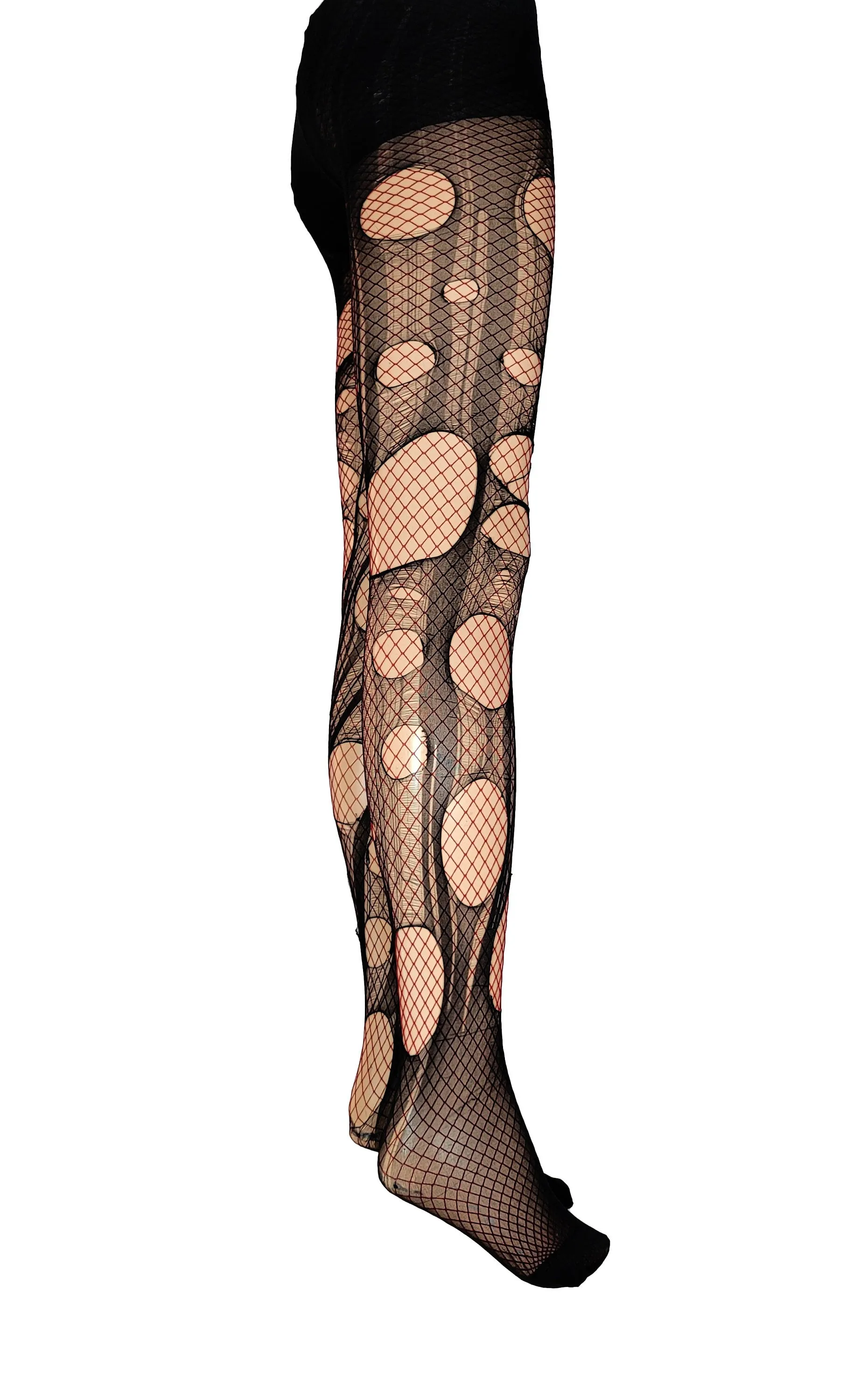 Double layered torn Dark Red | Black fishnet tights