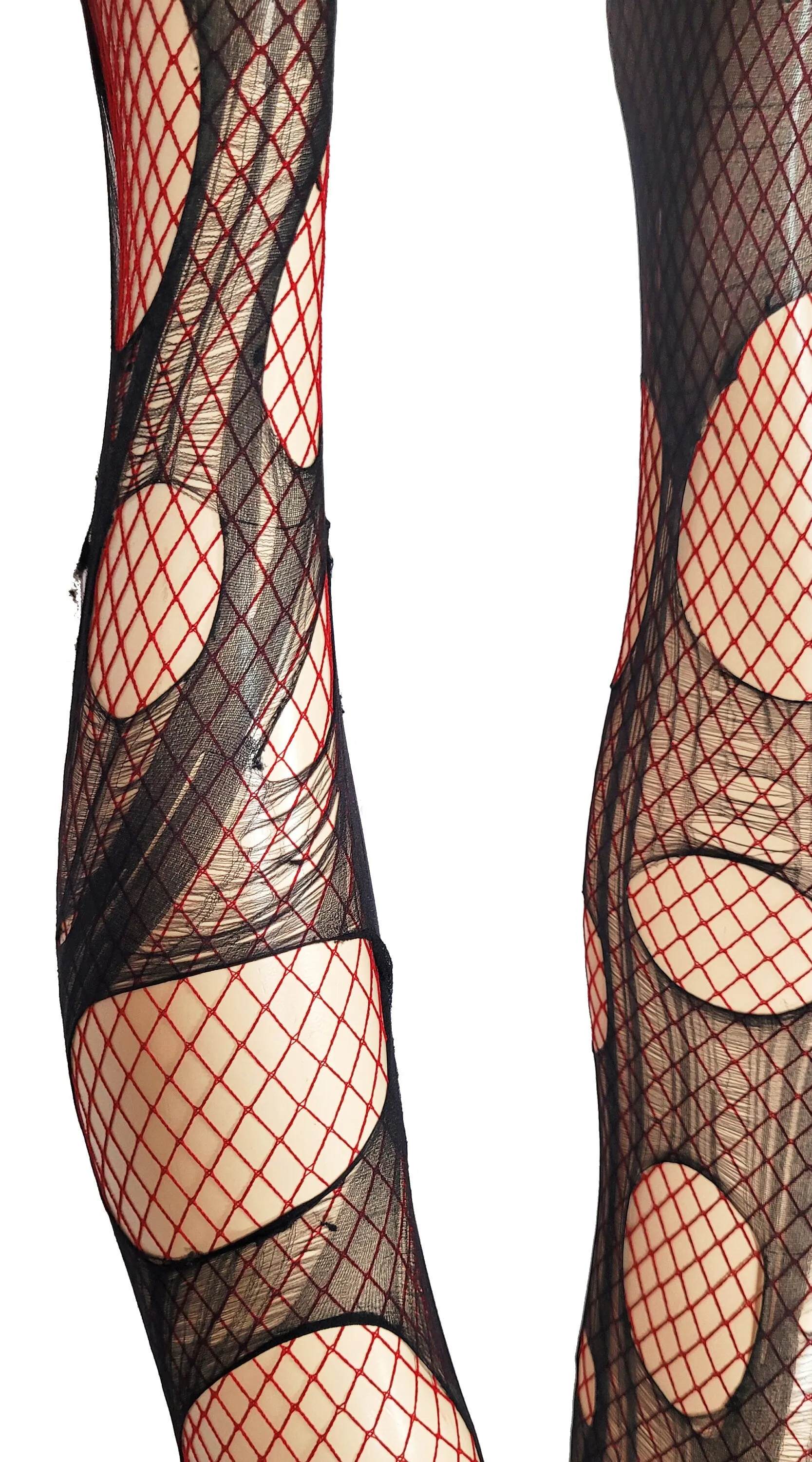 Double layered torn Dark Red | Black fishnet tights