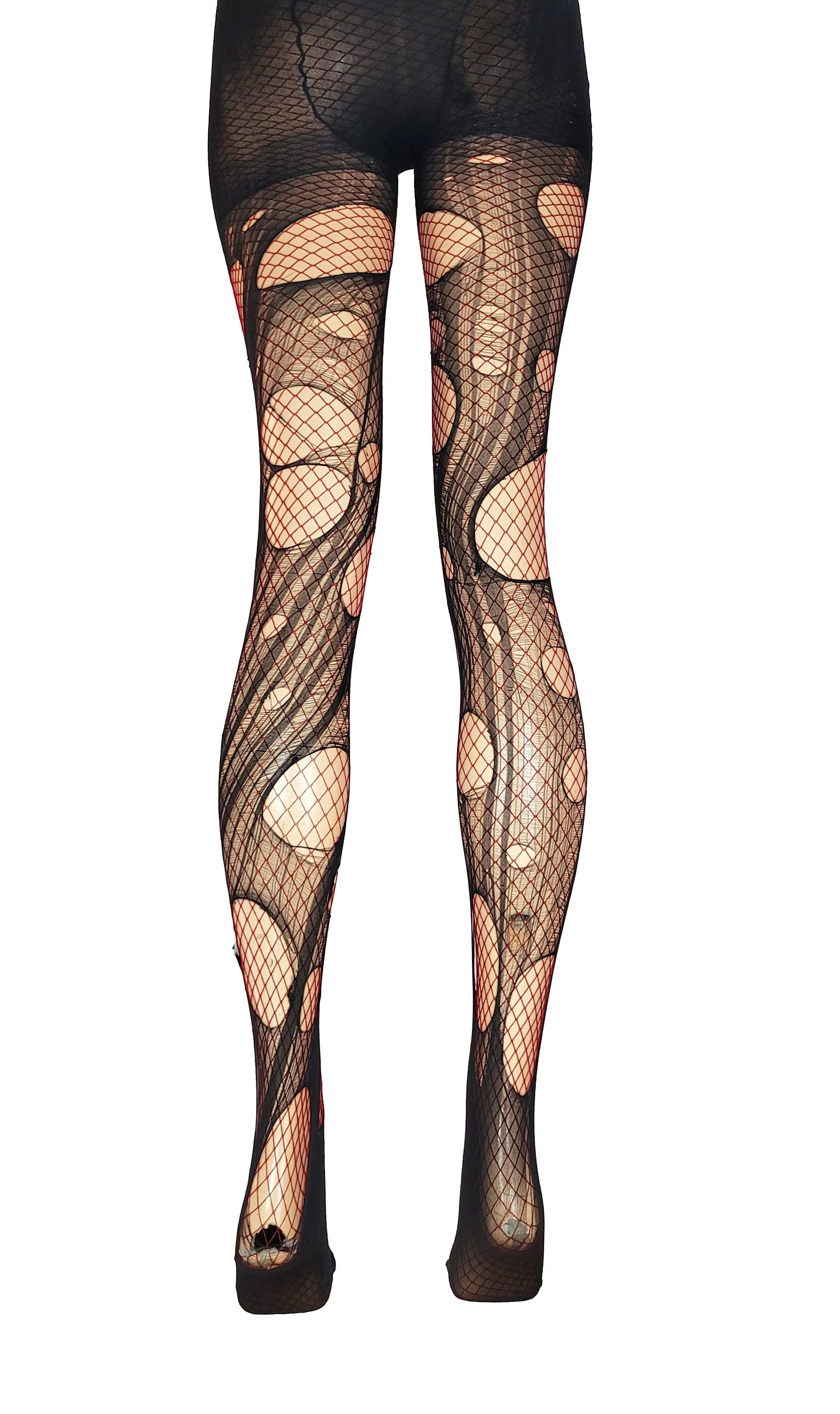 Double layered torn Dark Red | Black fishnet tights