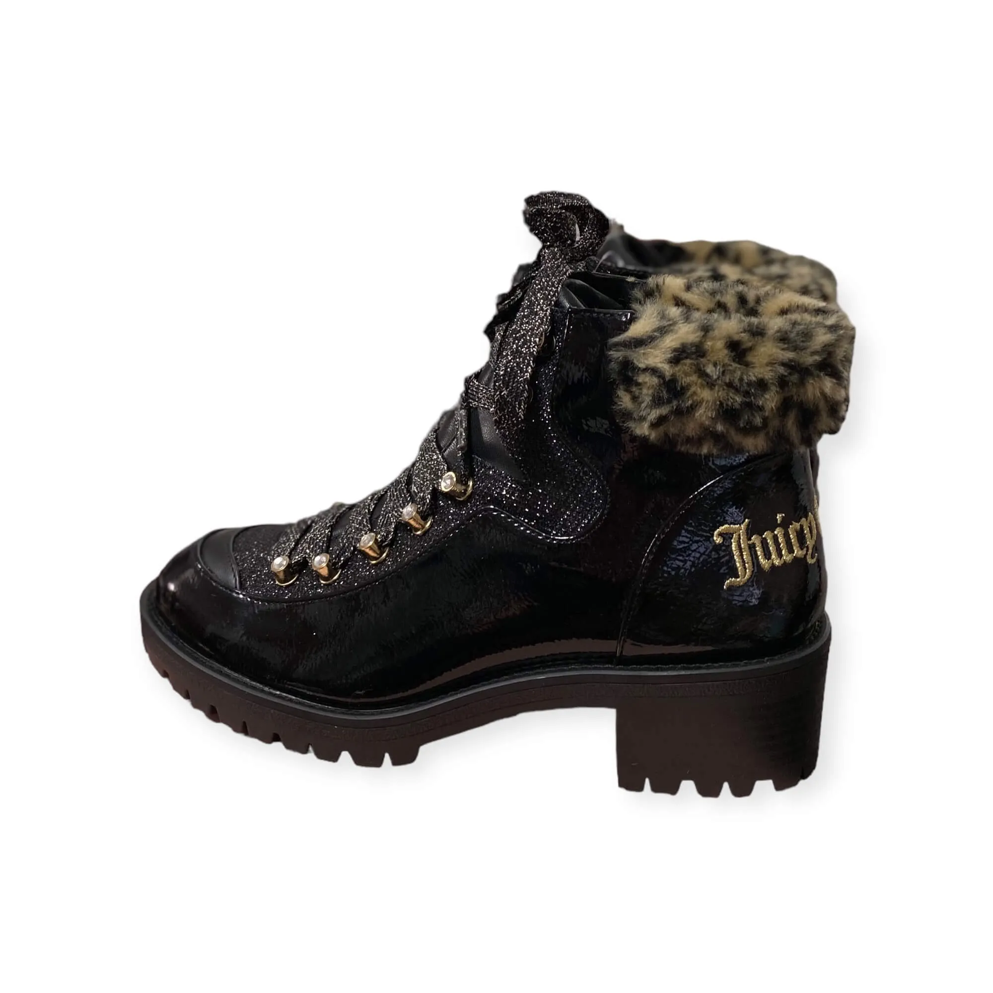 Glittery Black Patent Leather Fur Collar Combat Boots