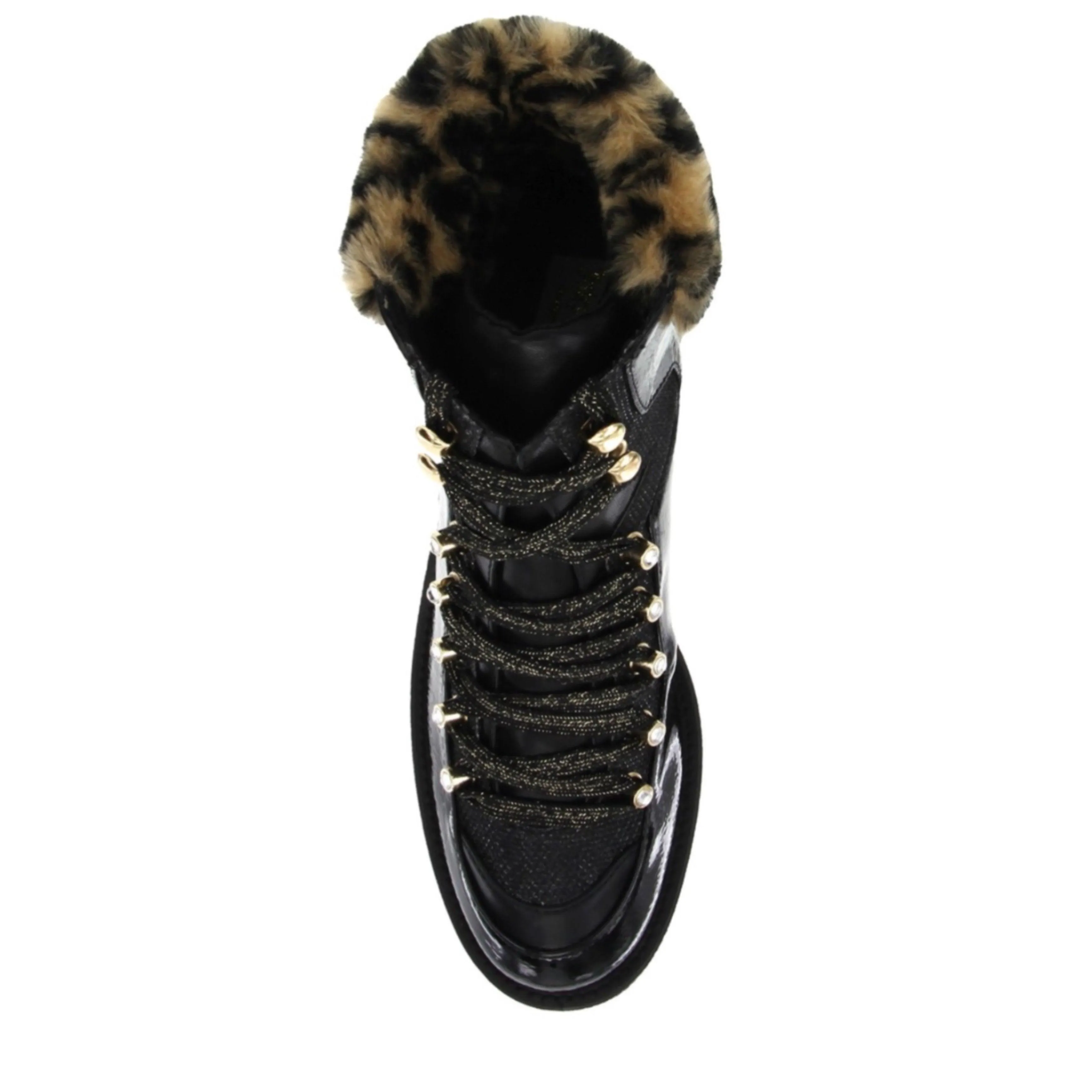 Glittery Black Patent Leather Fur Collar Combat Boots