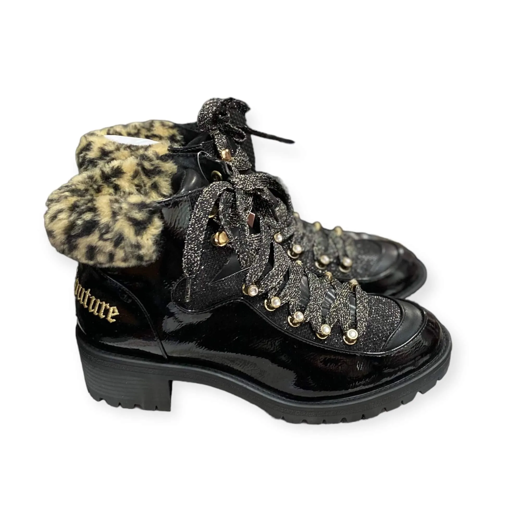 Glittery Black Patent Leather Fur Collar Combat Boots