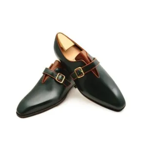 Handmade Men's Black Leather Monk Shoes