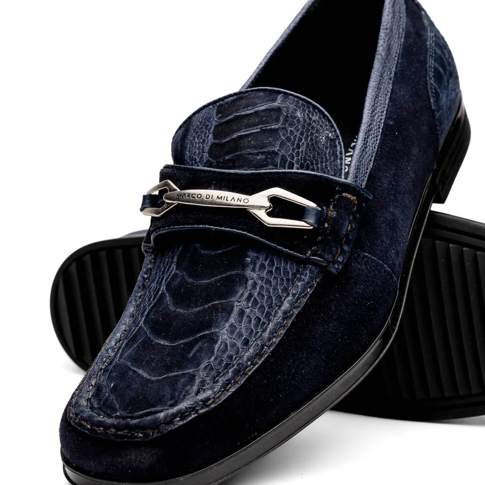 Marco Di Milano Hugo Men's Shoes Navy Suede / Ostrich Leg Horsebit Loafers (MDM1061)