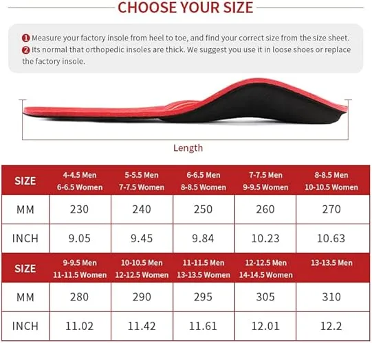 Men 11-11.5 / Women 13-13.5 Arch Support Insoles - Foot Pain Relief & Stability